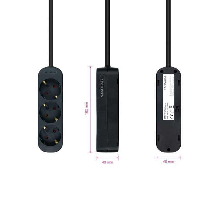 Nanocable Regleta de 3 Tomas, Cable 1.4 m, Negro Nanocable Regleta de 3 Tomas, Cable 1.4 m, Negro